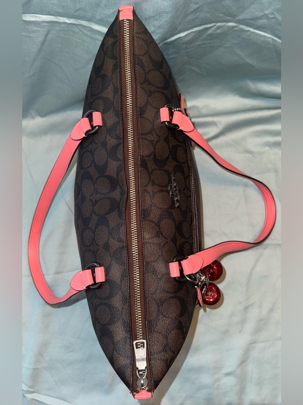 Coach F79609 Gallery Tote in Signature Canvas, with Pink Trim and Cherry Charm - Picture 7 of 13